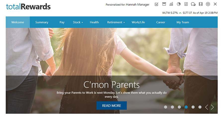 Screenshot of the portal navigation tabs with image of a little girl holding her parents’ hands. description below